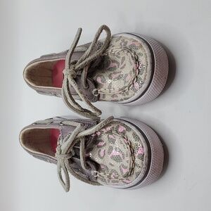 Sperry Top Sider pink and leopard sequin Bahama boat shoe little girl size 7